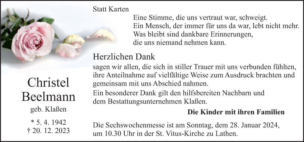  Traueranzeige für Christel Beelmann vom 25.01.2024 aus Neue Osnabrücker Zeitung GmbH & Co. KG