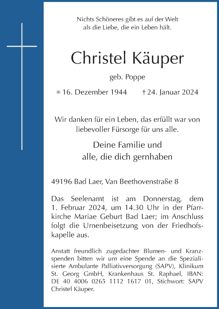  Traueranzeige für Christel Käuper vom 27.01.2024 aus Neue Osnabrücker Zeitung GmbH & Co. KG