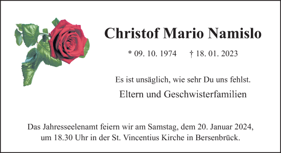 Traueranzeige von Christof Mario Namislo von Neue Osnabrücker Zeitung GmbH & Co. KG