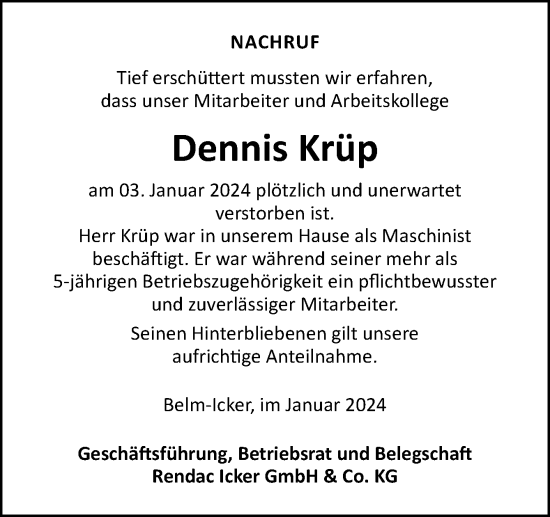 Traueranzeige von Dennis Krüp von Neue Osnabrücker Zeitung GmbH & Co. KG