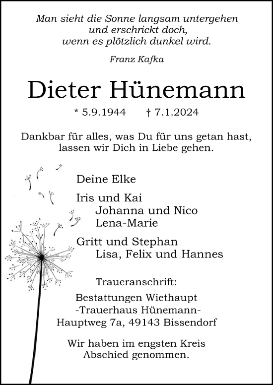 Traueranzeige von Dieter Hünemann von Neue Osnabrücker Zeitung GmbH & Co. KG