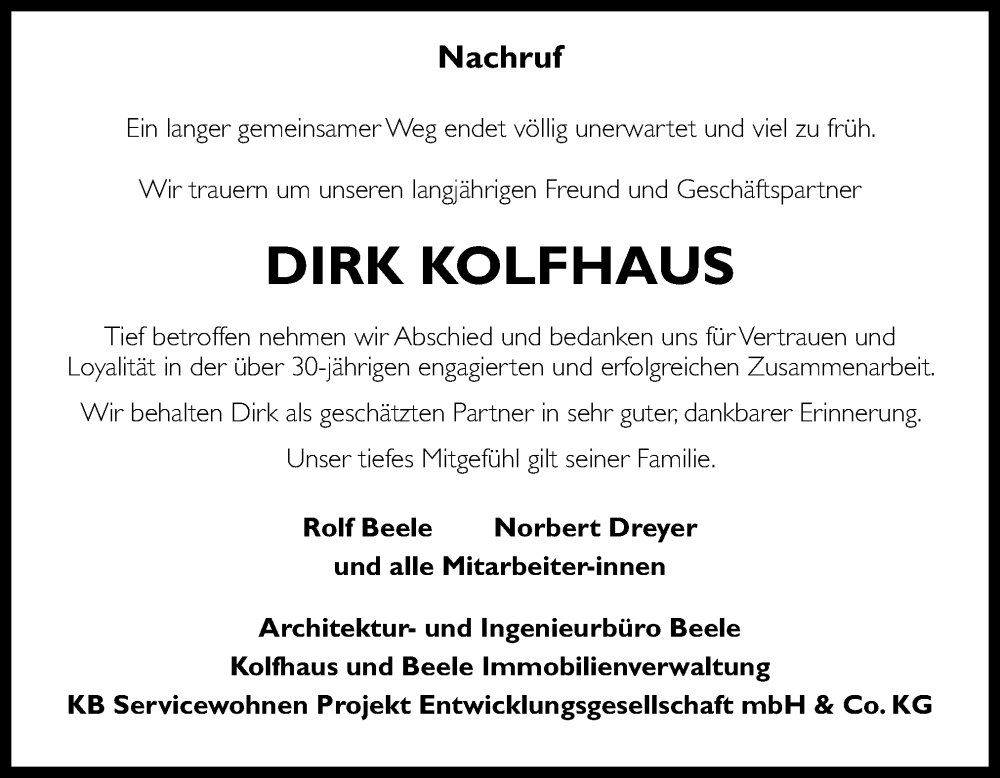  Traueranzeige für Dirk Kolfhaus vom 04.01.2024 aus Neue Osnabrücker Zeitung GmbH & Co. KG