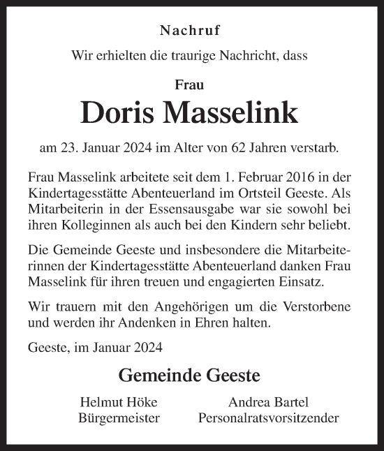 Traueranzeige von Doris Masselink von Neue Osnabrücker Zeitung GmbH & Co. KG