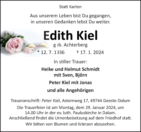 Traueranzeige von Edith Kiel von Neue Osnabrücker Zeitung GmbH & Co. KG