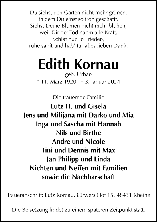 Traueranzeige von Edith Kornau von Neue Osnabrücker Zeitung GmbH & Co. KG