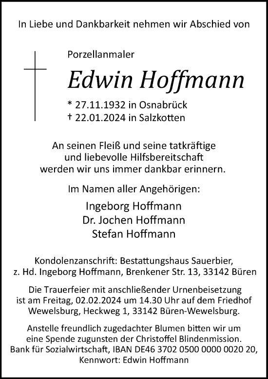 Traueranzeige von Edwin Hoffmann von Neue Osnabrücker Zeitung GmbH & Co. KG