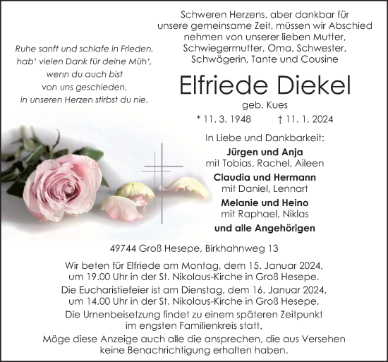 Traueranzeige von Elfriede Diekel von Neue Osnabrücker Zeitung GmbH & Co. KG