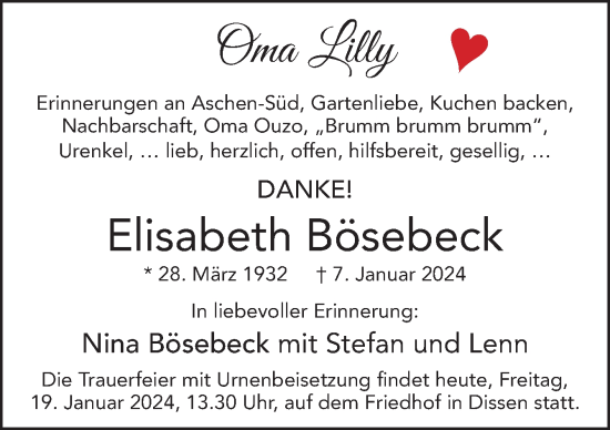 Traueranzeige von Elisabeth Bösebeck von Neue Osnabrücker Zeitung GmbH & Co. KG