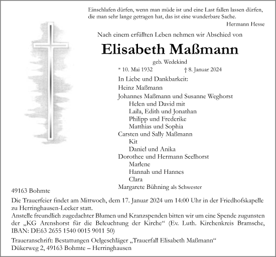 Traueranzeige von Elisabeth Maßmann von Neue Osnabrücker Zeitung GmbH & Co. KG