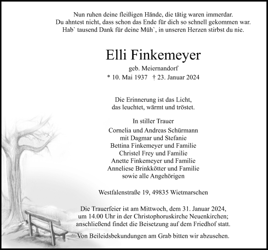 Traueranzeige von Elli Finkemeyer von Neue Osnabrücker Zeitung GmbH & Co. KG