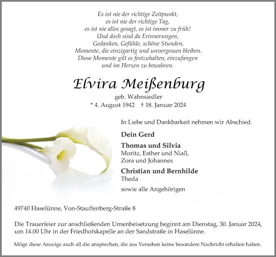 Traueranzeige von Elvira Meißenburg von Neue Osnabrücker Zeitung GmbH & Co. KG