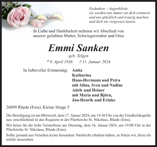 Traueranzeige von Emmi Sanken von Neue Osnabrücker Zeitung GmbH & Co. KG
