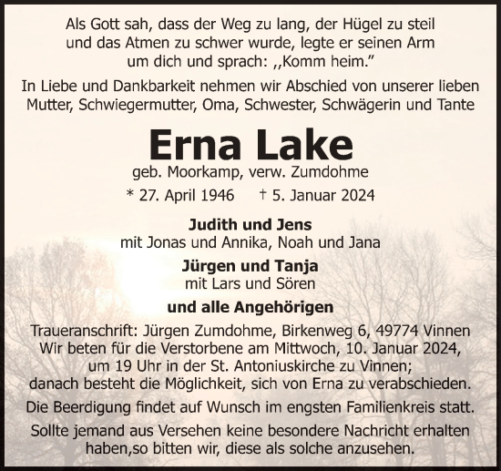 Traueranzeige von Erna Lake von Neue Osnabrücker Zeitung GmbH & Co. KG