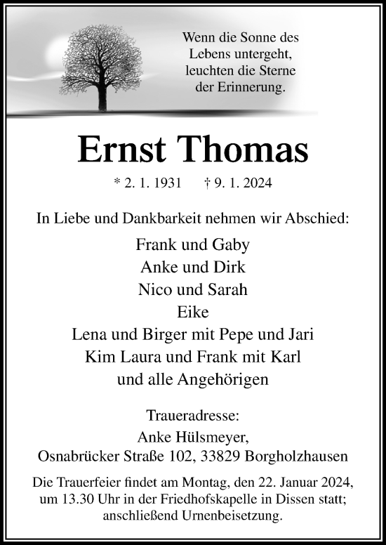 Traueranzeige von Ernst Thomas von Neue Osnabrücker Zeitung GmbH & Co. KG