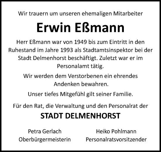 Traueranzeige von Erwin Eßmann von DK Medien GmbH & Co. KG