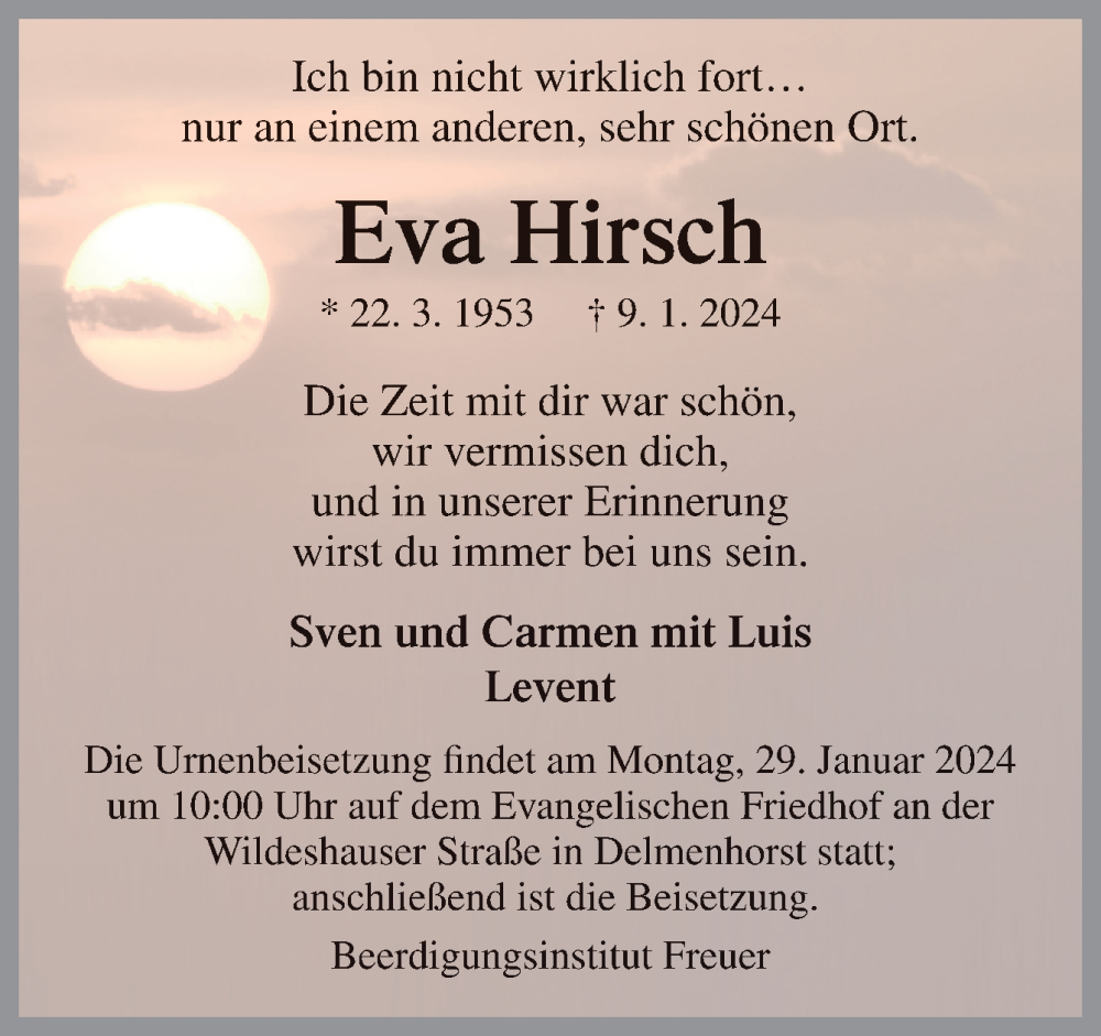  Traueranzeige für Eva Hirsch vom 20.01.2024 aus DK Medien GmbH & Co. KG