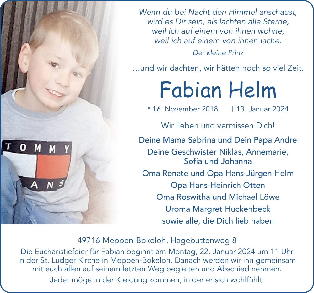  Traueranzeige für Fabian Helm vom 19.01.2024 aus Neue Osnabrücker Zeitung GmbH & Co. KG