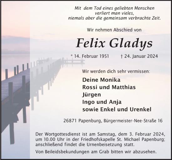 Traueranzeige von Felix Gladys von Neue Osnabrücker Zeitung GmbH & Co. KG