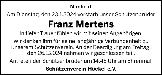 Traueranzeige von Franz Mertens von Neue Osnabrücker Zeitung GmbH & Co. KG