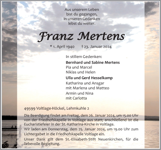 Traueranzeige von Franz Mertens von Neue Osnabrücker Zeitung GmbH & Co. KG