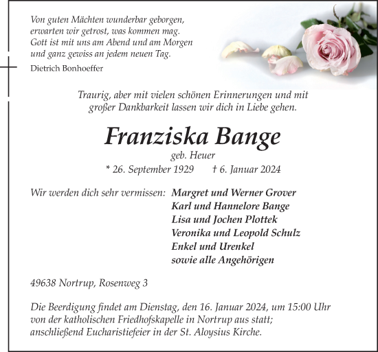 Traueranzeige von Franziska Bange von Neue Osnabrücker Zeitung GmbH & Co. KG