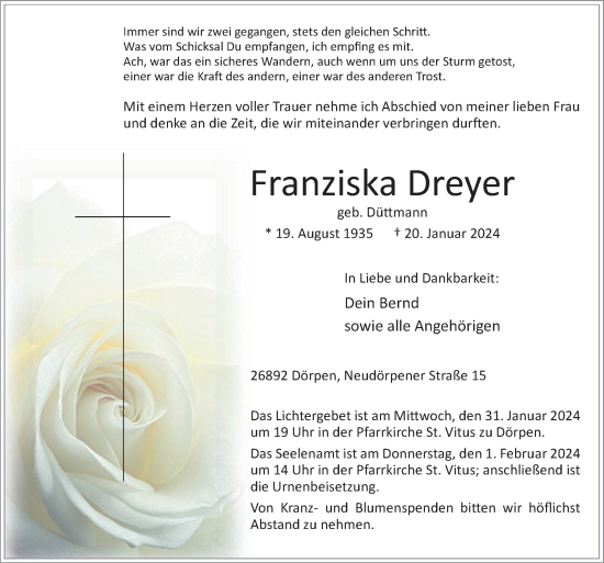 Traueranzeige von Franziska Dreyer von Neue Osnabrücker Zeitung GmbH & Co. KG