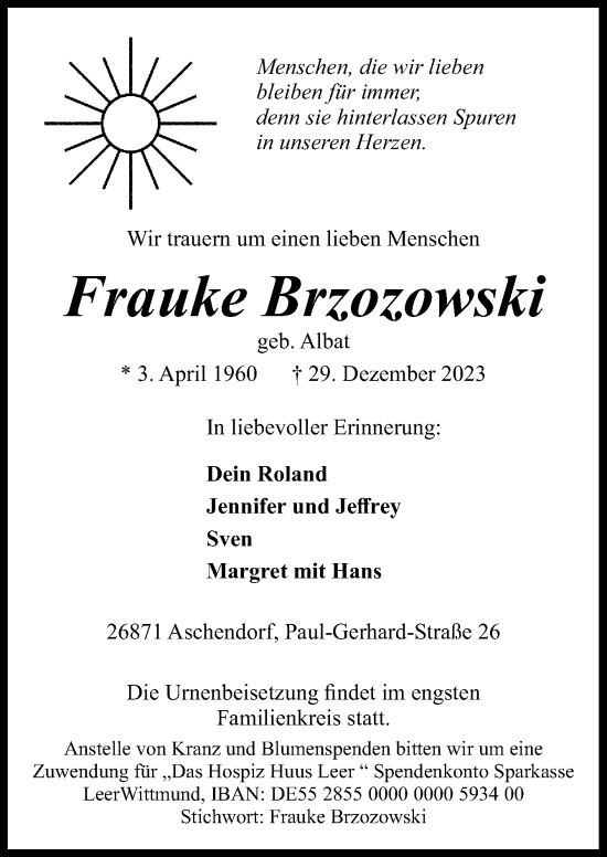 Traueranzeige von Frauke Brzozowski von Neue Osnabrücker Zeitung GmbH & Co. KG