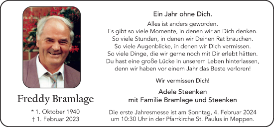 Traueranzeige von Freddy Bramlage von Neue Osnabrücker Zeitung GmbH & Co. KG