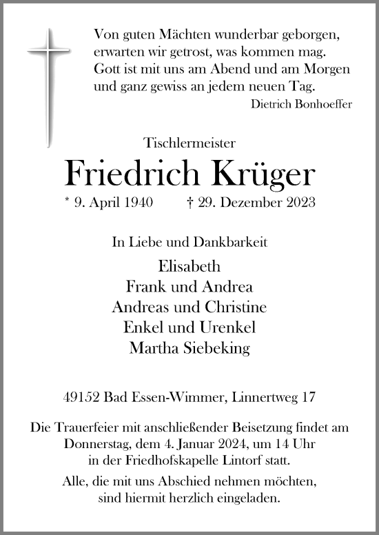Traueranzeige von Friedrich Krüger von Neue Osnabrücker Zeitung GmbH & Co. KG