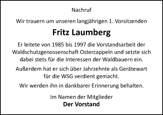 Traueranzeige von Fritz Laumberg von Neue Osnabrücker Zeitung GmbH & Co. KG