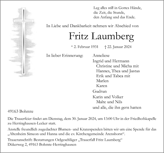 Traueranzeige von Fritz Laumberg von Neue Osnabrücker Zeitung GmbH & Co. KG