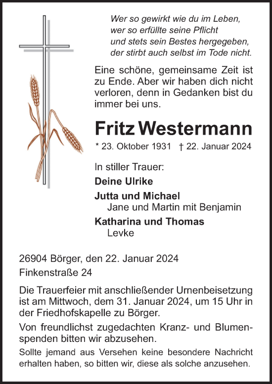 Traueranzeige von Fritz Westermann von Neue Osnabrücker Zeitung GmbH & Co. KG