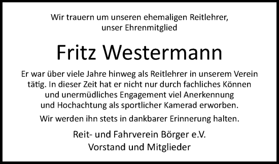 Traueranzeige von Fritz Westermann von Neue Osnabrücker Zeitung GmbH & Co. KG