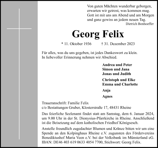 Traueranzeige von Georg Felix von Neue Osnabrücker Zeitung GmbH & Co. KG