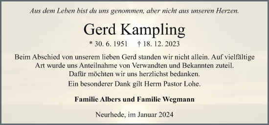 Traueranzeige von Gerd Kampling von Neue Osnabrücker Zeitung GmbH & Co. KG
