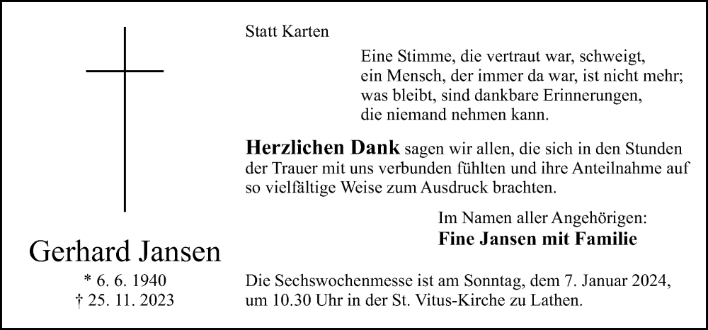  Traueranzeige für Gerhard Jansen vom 05.01.2024 aus Neue Osnabrücker Zeitung GmbH & Co. KG