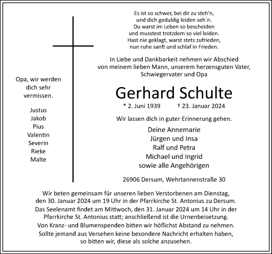 Traueranzeige von Gerhard Schulte von Neue Osnabrücker Zeitung GmbH & Co. KG