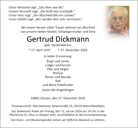 Traueranzeige von Gertrud Dickmann von Neue Osnabrücker Zeitung GmbH & Co. KG