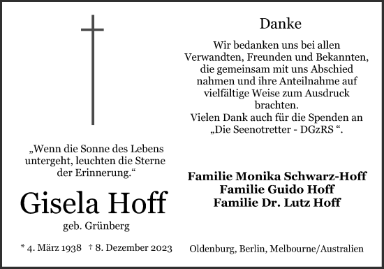 Traueranzeige von Gisela Hoff von Neue Osnabrücker Zeitung GmbH & Co. KG