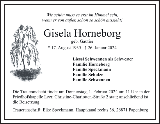 Traueranzeige von Gisela Horneborg von Neue Osnabrücker Zeitung GmbH & Co. KG