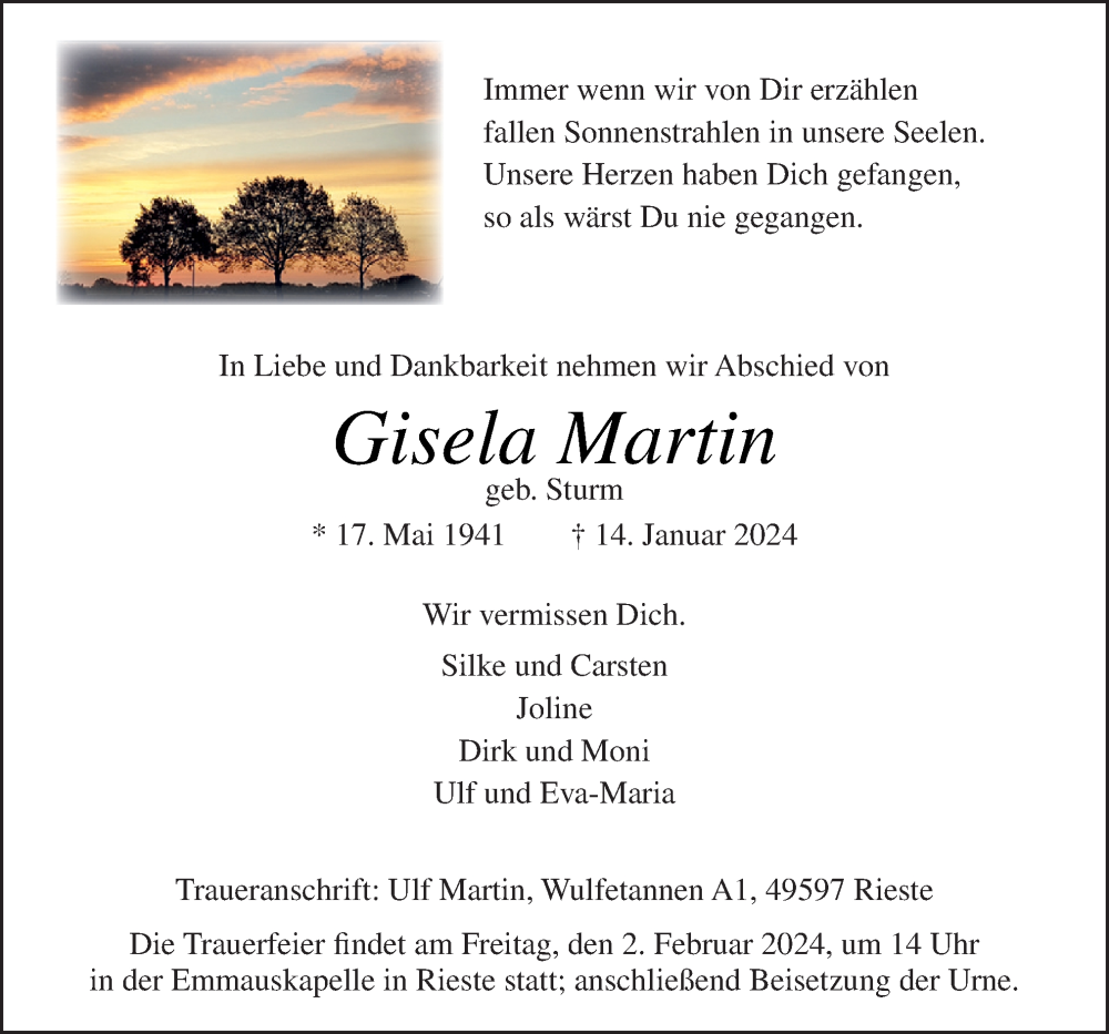  Traueranzeige für Gisela Martin vom 27.01.2024 aus Neue Osnabrücker Zeitung GmbH & Co. KG