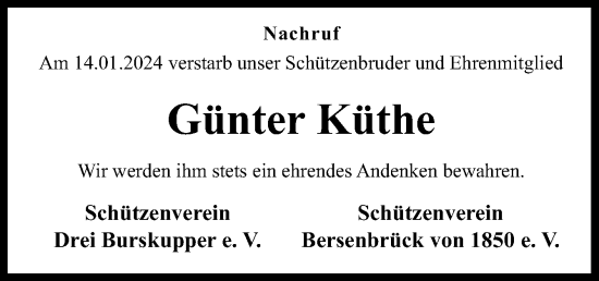 Traueranzeige von Günter Küthe von Neue Osnabrücker Zeitung GmbH & Co. KG