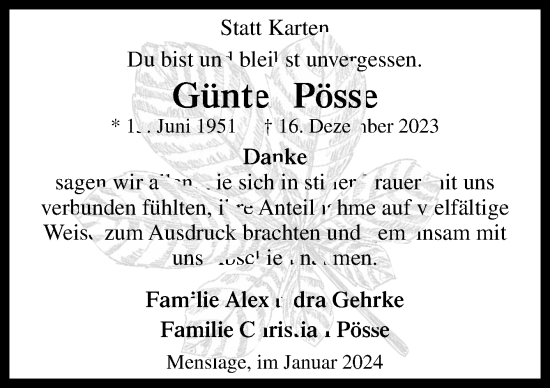 Traueranzeige von Günter Pösse von Neue Osnabrücker Zeitung GmbH & Co. KG