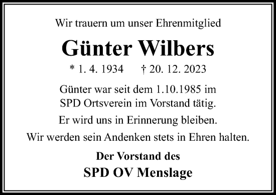 Traueranzeige von Günter Wilbers von Neue Osnabrücker Zeitung GmbH & Co. KG