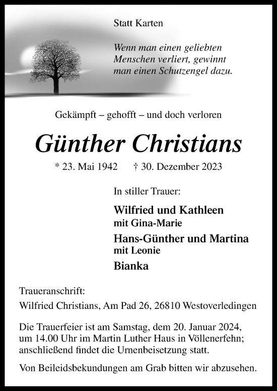 Traueranzeige von Günther Christians von Neue Osnabrücker Zeitung GmbH & Co. KG