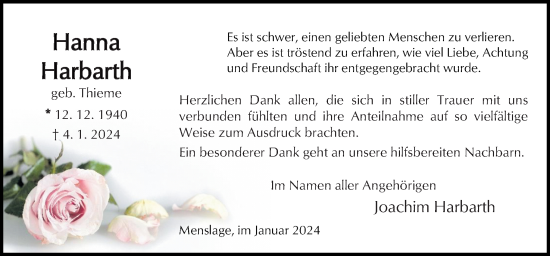 Traueranzeige von Hanna Harbarth von Neue Osnabrücker Zeitung GmbH & Co. KG
