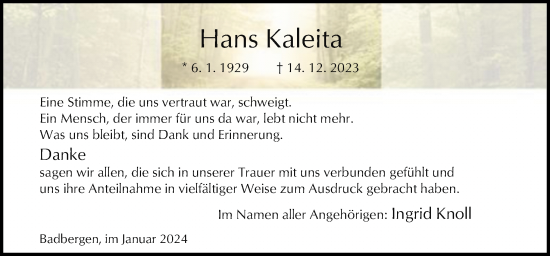 Traueranzeige von Hans Kaleita von Neue Osnabrücker Zeitung GmbH & Co. KG