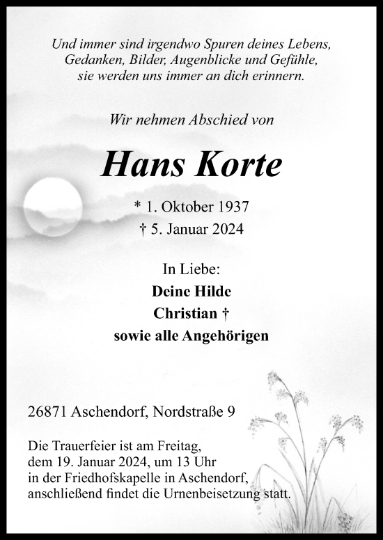 Traueranzeige von Hans Korte von Neue Osnabrücker Zeitung GmbH & Co. KG