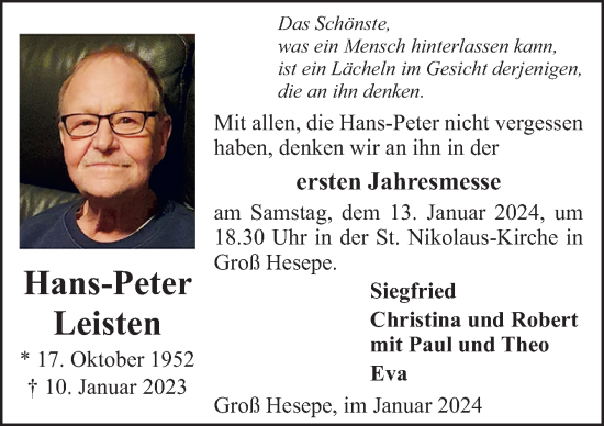 Traueranzeige von Hans-Peter Leisten von Neue Osnabrücker Zeitung GmbH & Co. KG