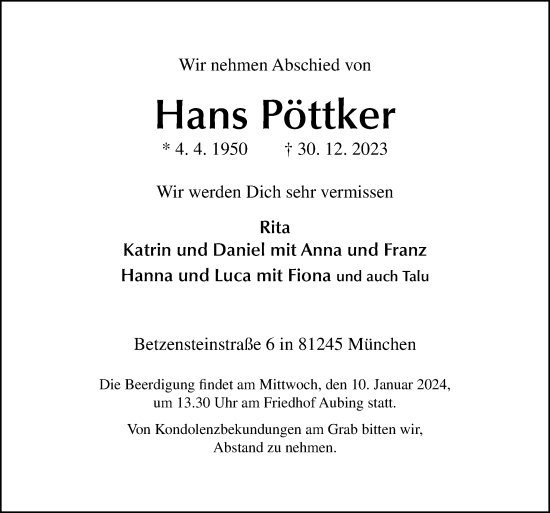 Traueranzeige von Hans Pöttker von Neue Osnabrücker Zeitung GmbH & Co. KG